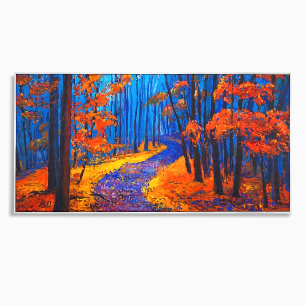 Tablou canvas cu pictura cu padure de toamna si poteca, in rama de aluminiu argintiu